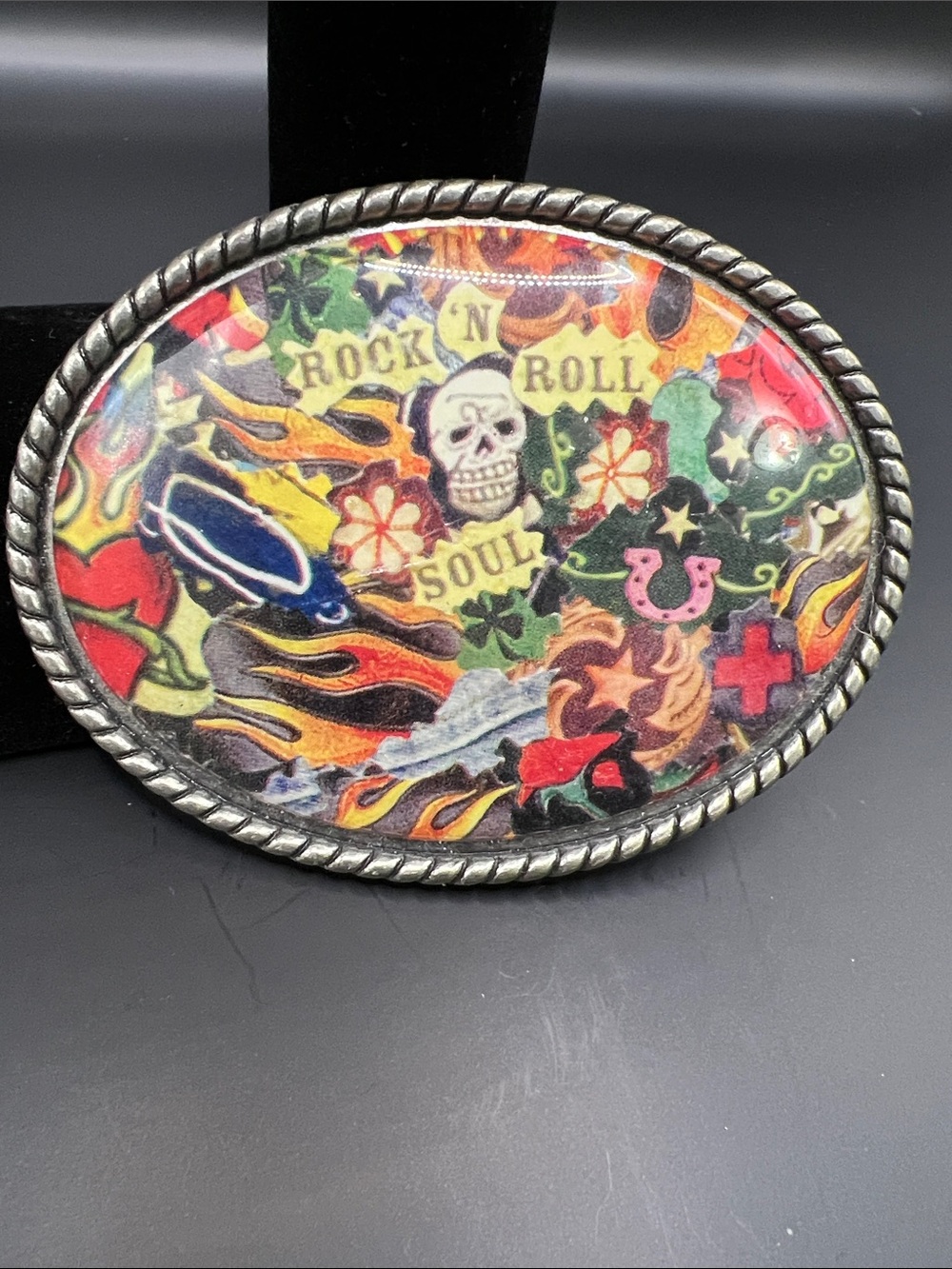 Multicolor Rock 'N' Roll Skull Oval Belt Buckle